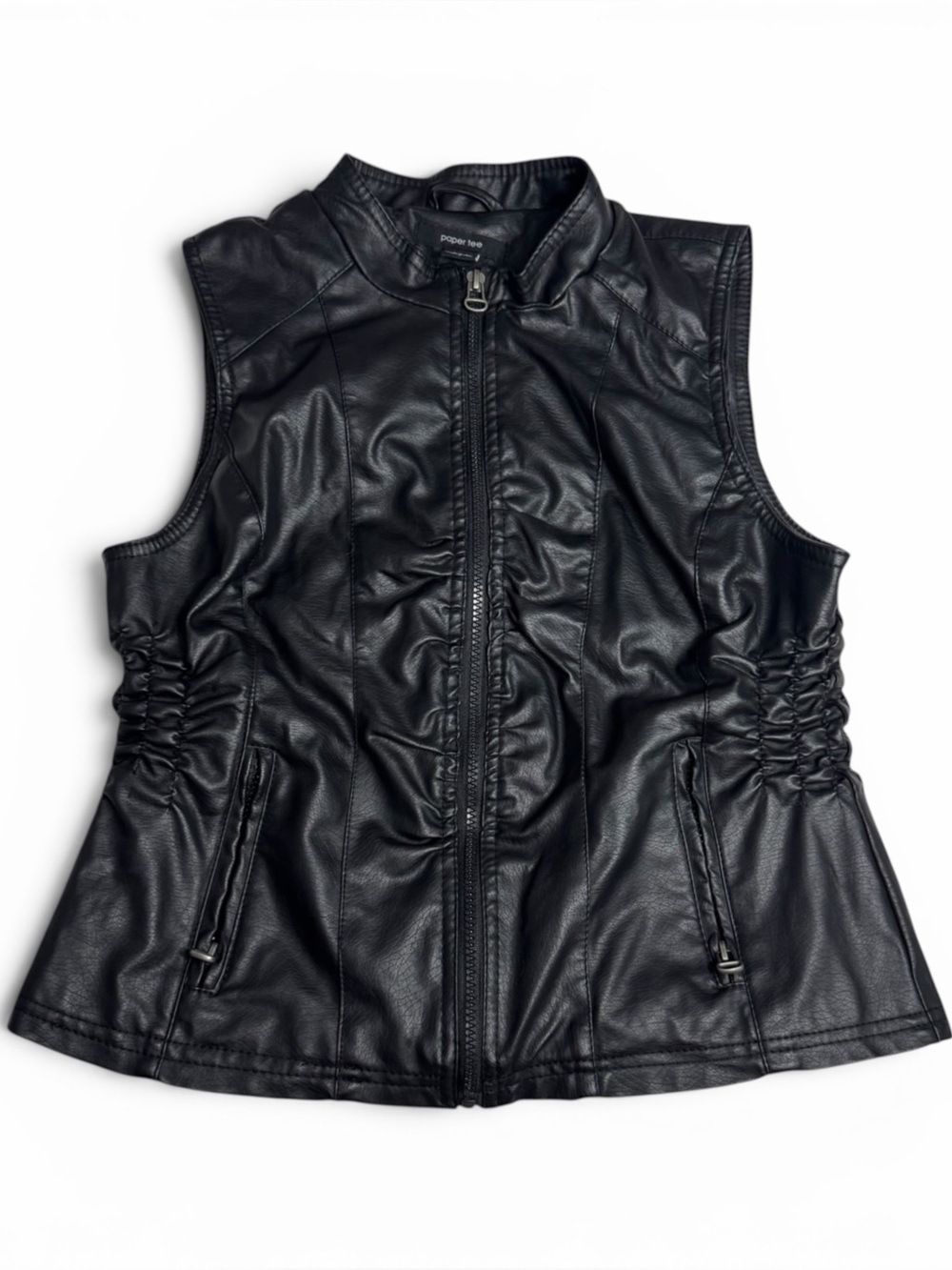 Y2K Paper Tee Ruched Black Faux Leather Vest